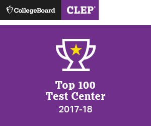 purple badge of CLEP saying top 100 test center 20217-2018