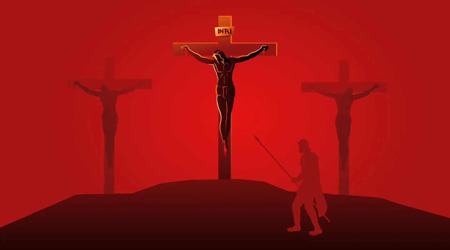 Graphic of Jesus hanging on a cross in between two other crosses
