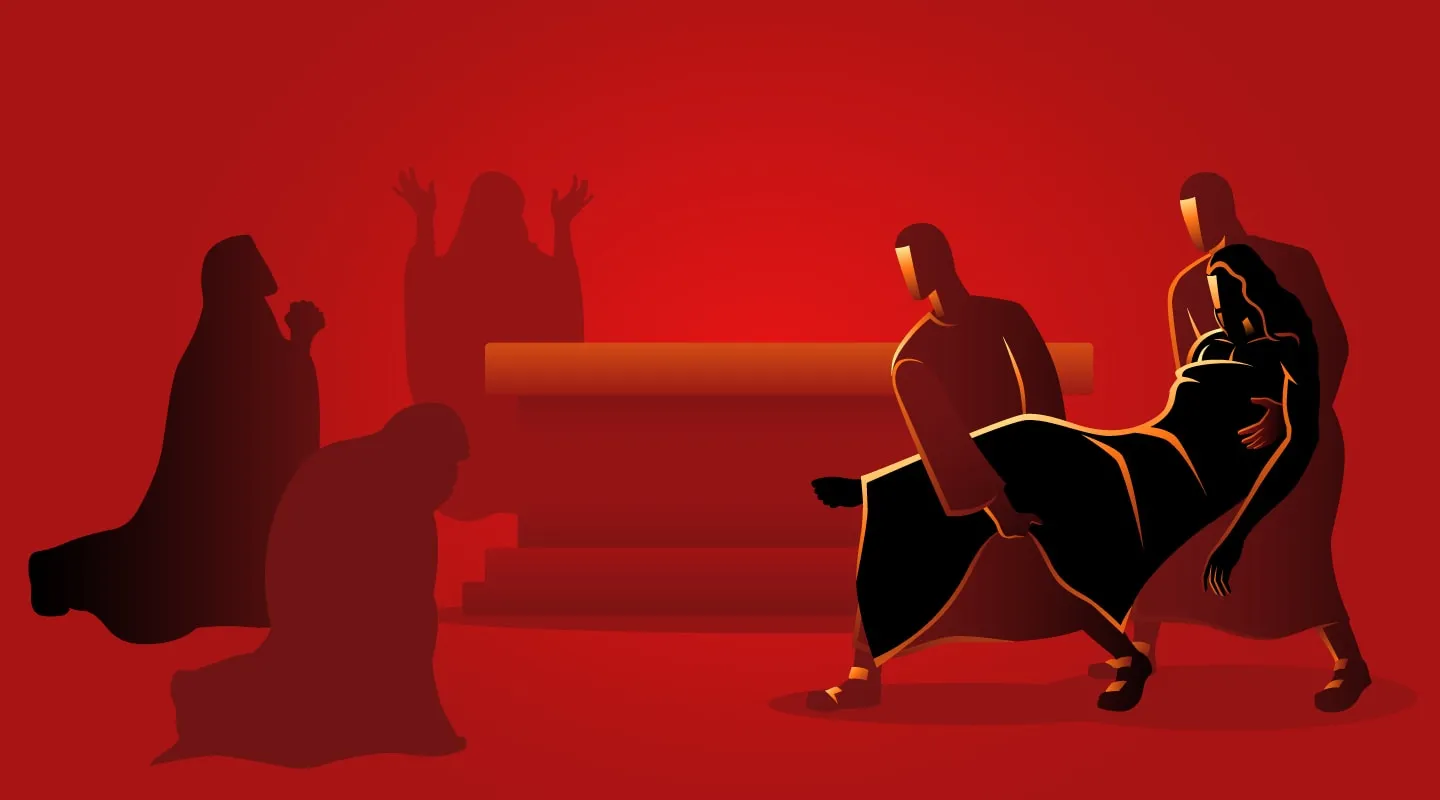 Graphic of weeping women and men carrying Jesus to lay him in his grave