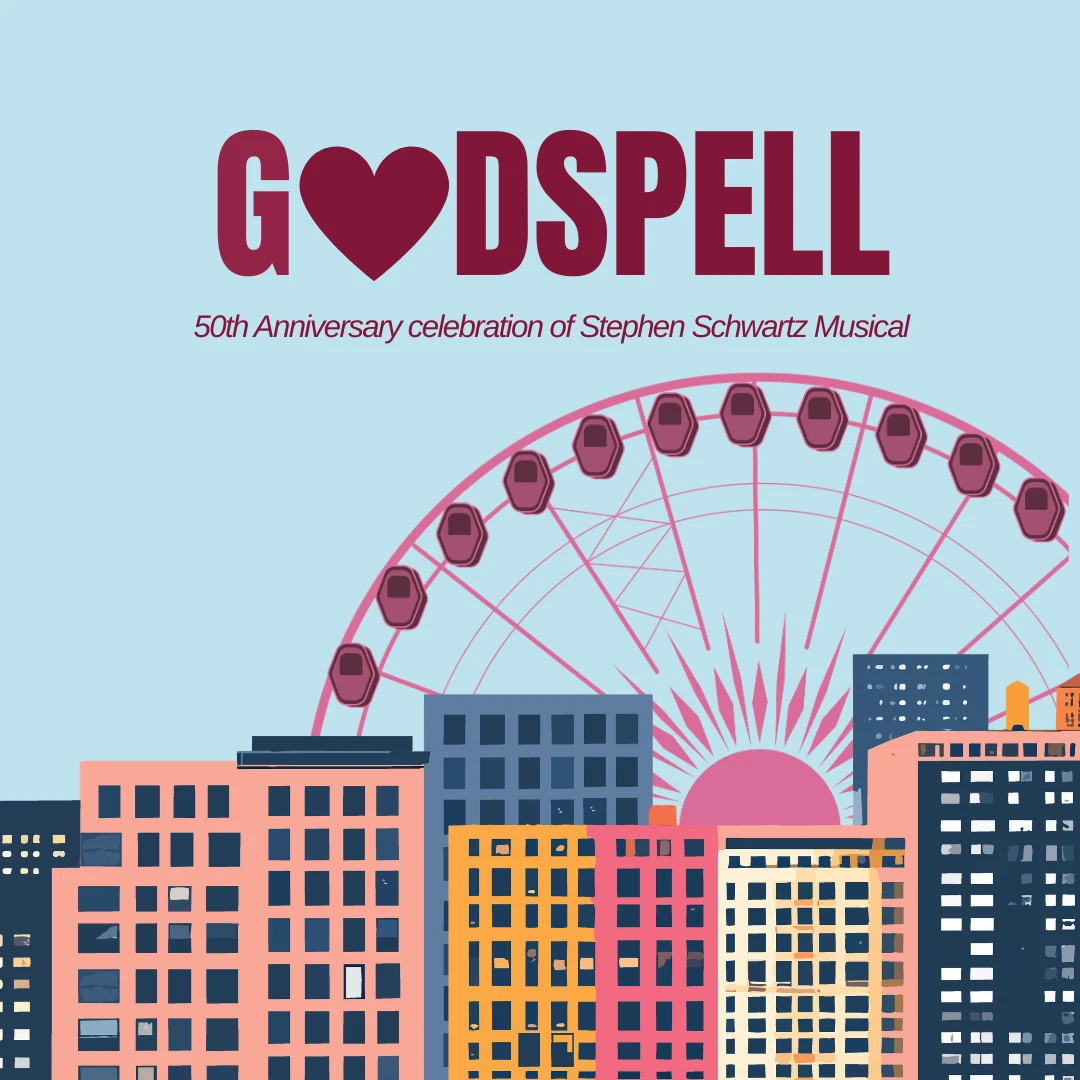 flyer saying godspeell with colorful buildings