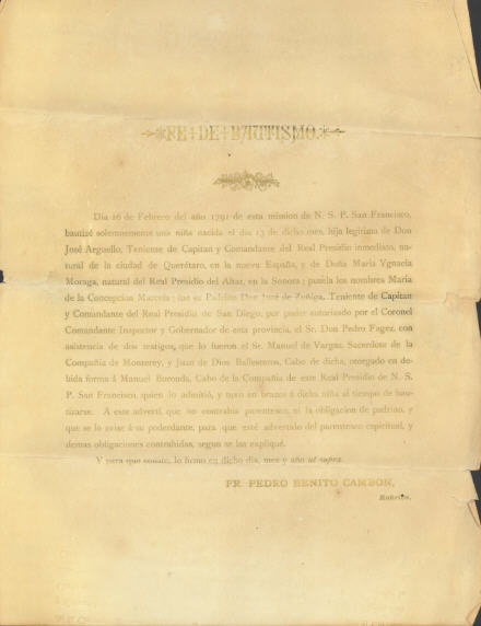 Baptismal Certificate of Concepcion Arguello (1791)